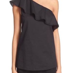 Theory Off Shoulder Damarill Ruffle Black Top